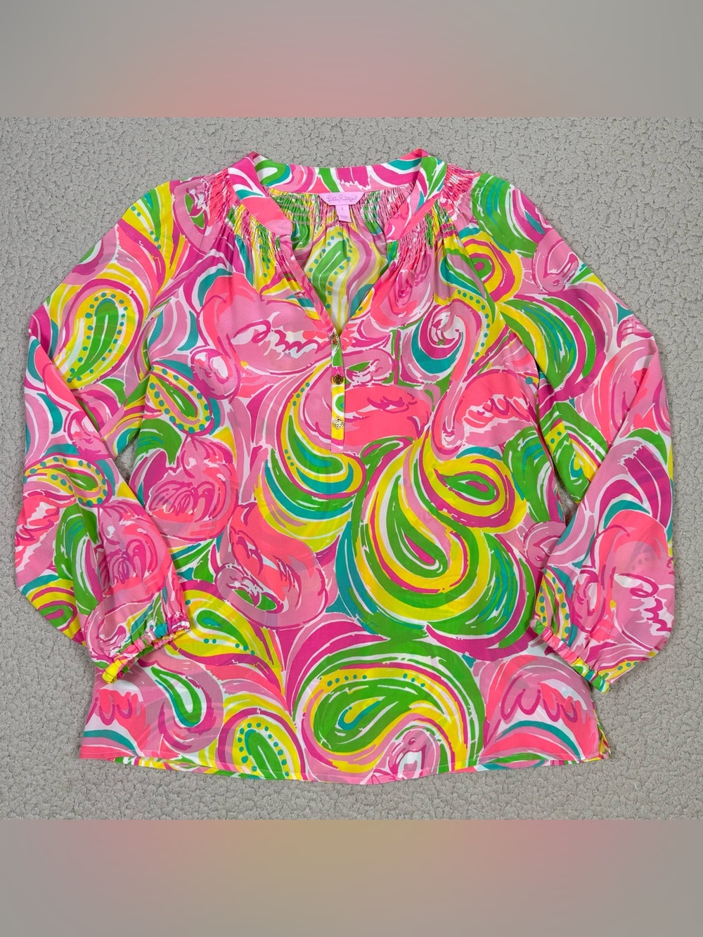 Lilly Pulitzer Elsa Long Sleeve Silk Blouse Top All Nighter Flamingo Pink